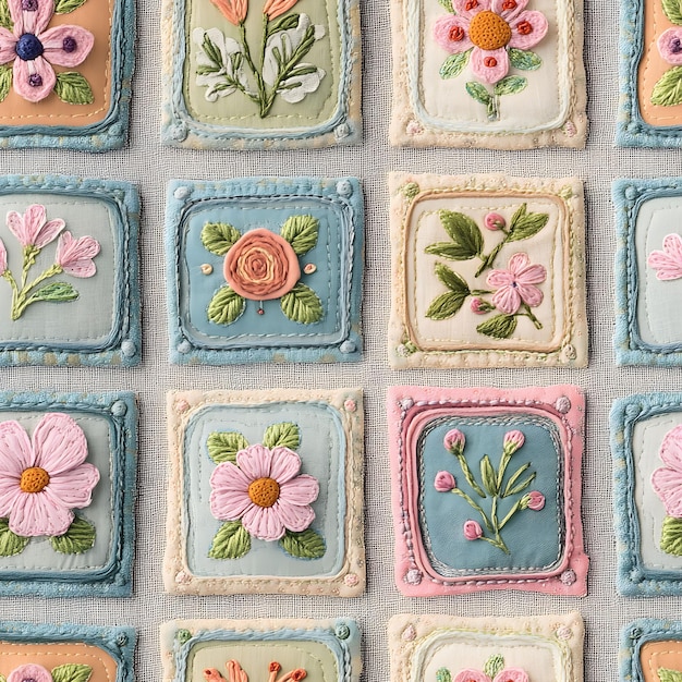 Zestaw haftów prezentowany na tkaninach